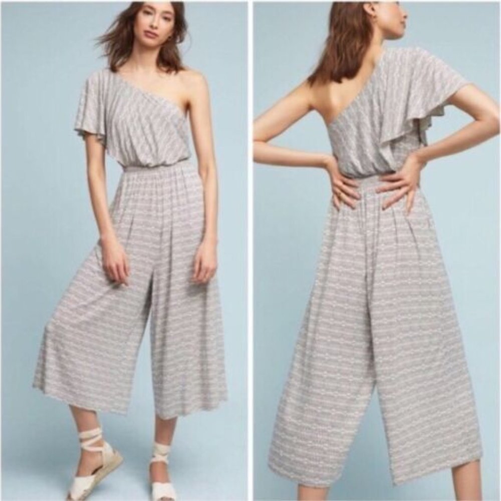 Anthropologie Maeve Jamie One Shoulder Cream Wide Leg‎ Jumpsuit Romper Size XS